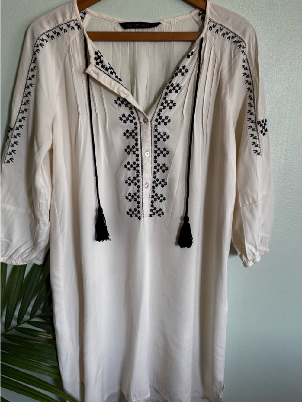 Zara Cream Midi Dress with Black Embroidery and Tassels